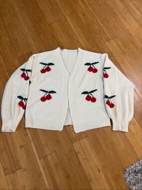 SHEIN Cream Cardigan with Red Cherry Motif